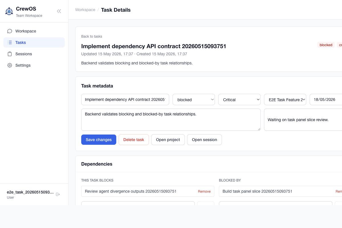 CrewOS task detail page with dependency editor